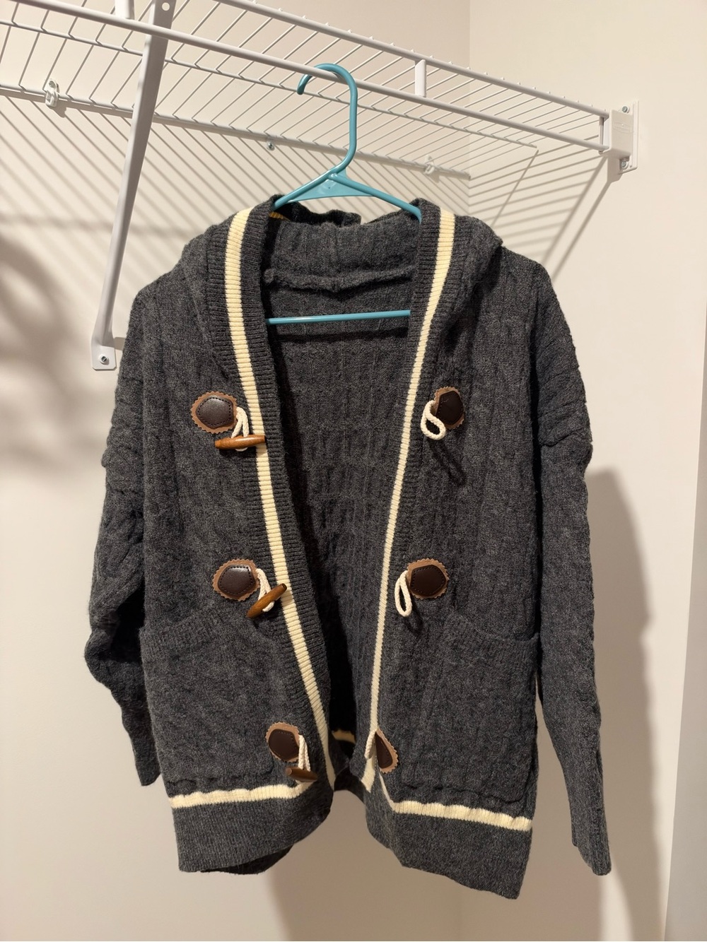 Charcoal Gray Hooded Toggle Sweater with Cream Trim